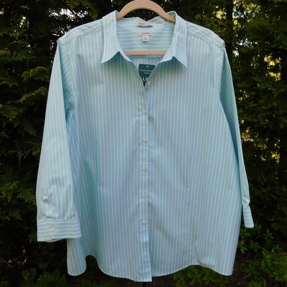 LL Bean Aqua/White Pinstripe 3/4-Sleeve Wrinkle-Resistant Buttonfront Top NWT - Picture 1 of 3